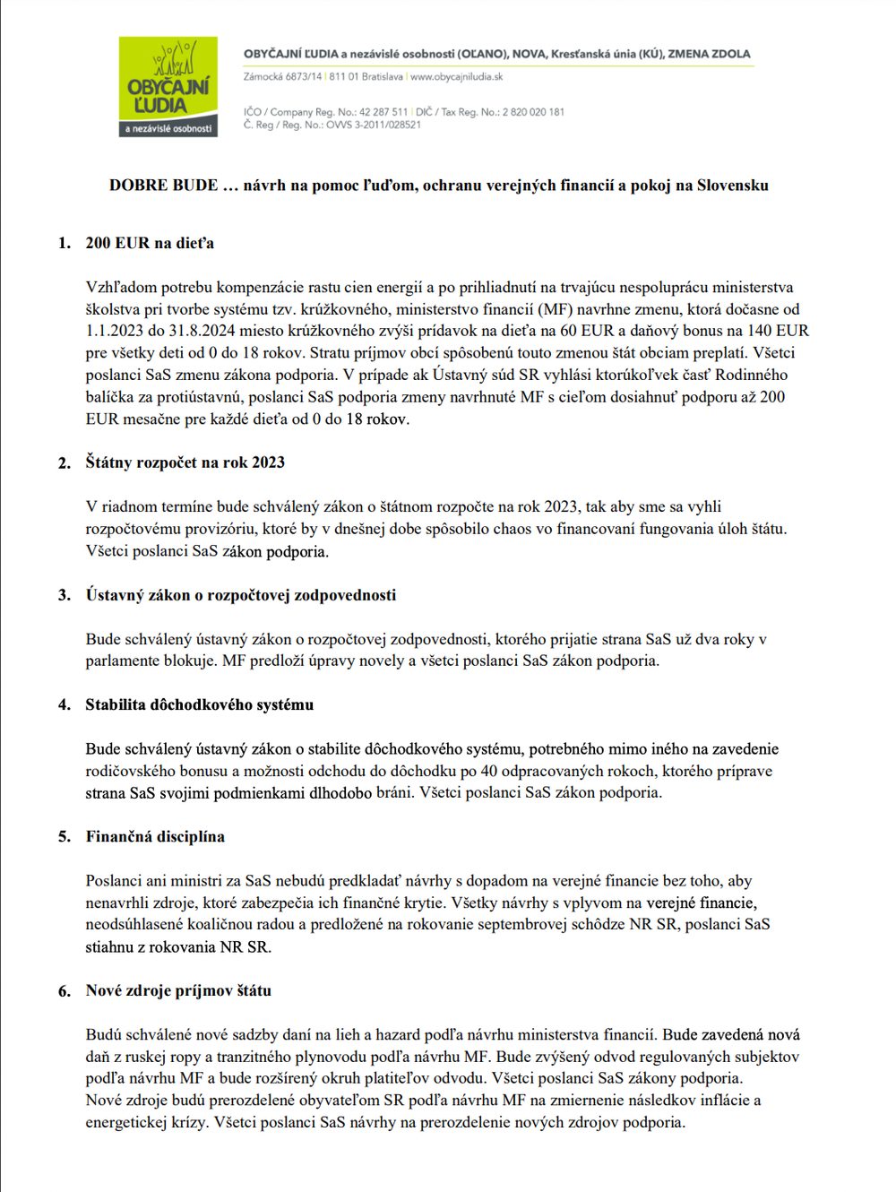 Podmienky OĽaNO a rokovanie vlády