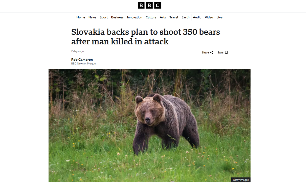 O odstrele medveďov píše BBC