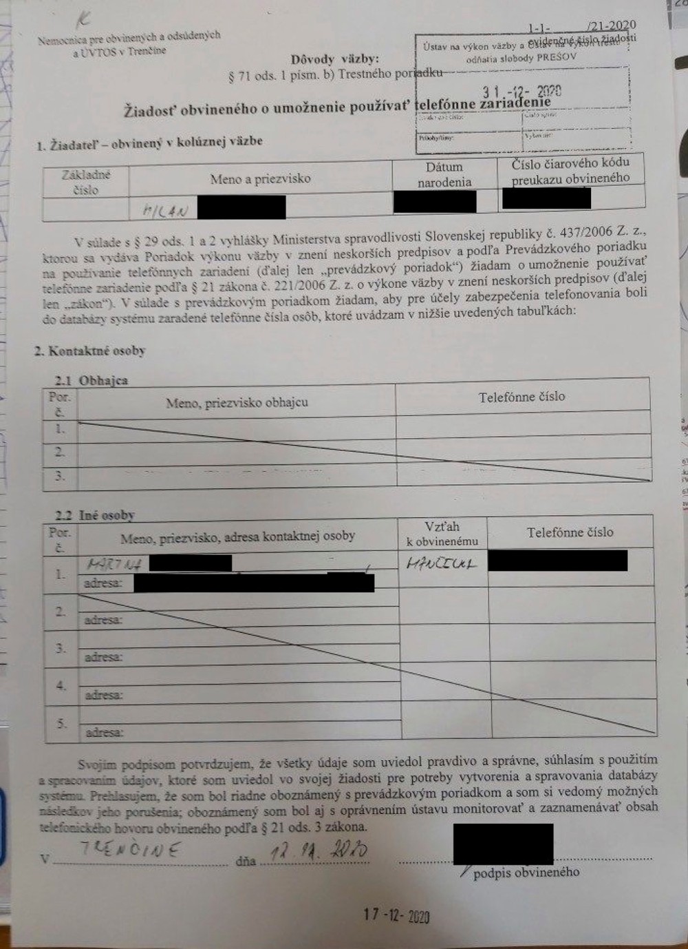 Žiadosť o poskytnutie telefónu