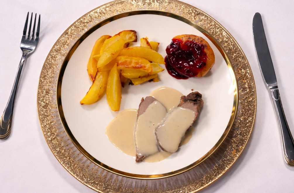 Jelenie stehno so smotanovou omáčkou, hruškou a zemiakmi