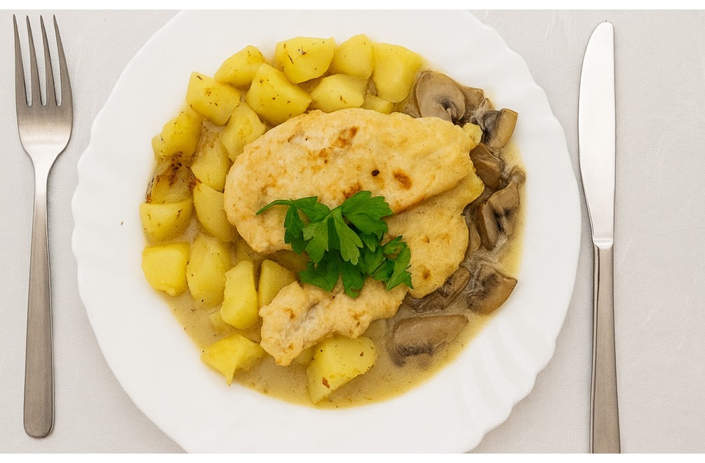 HLAVNÉ JEDLO - Kurací steak s opekanými zemiakmi a šampiňónovou omáčkou