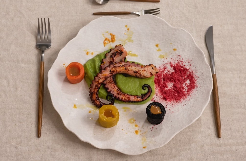 Chobotnica s bazalkovo-limetkovým pyré a zeleninou