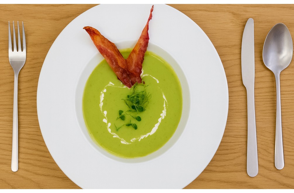 POLIEVKA - Hráškovo-špargľový krém so slaninovým chipsom