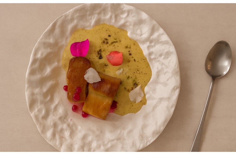 DEZERT - Minibriošky, opekané na sirupe z ruží, pistáciová pena a ríbezľový gél