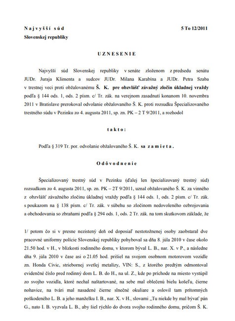 Uznesenie v prípade vraždy exprimátora Basternáka 