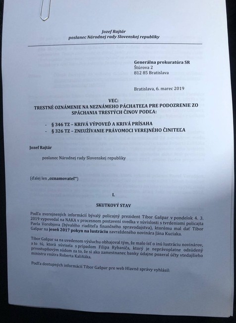 Trestné oznámenie Rajtára pre tvrdenia Tibora Gašpara