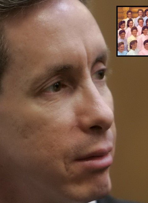 Polygamista a sektár na súde, Warren Jeffs, koláž s obrázkom s manželkami