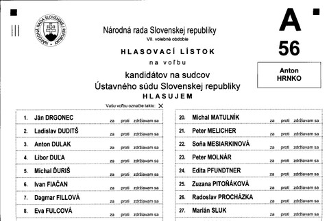 Hlasovací lístok voľby ÚS