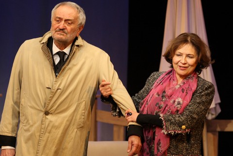 Herci Milan Lasica a Emília Vášáryová v divadelnej hre s názvom Rybárik kráľovský