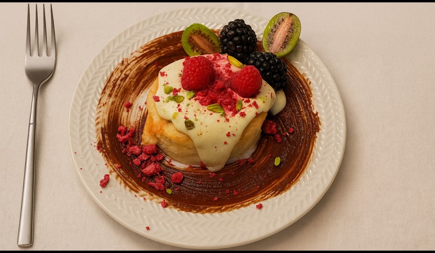 Koláč s pistáciovým krémom, malinovou marmeládou a čokoládovou polevou