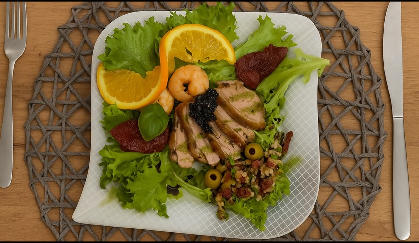 Kačacie prsia so šalátom z údeného lososa, kreviet, avokáda